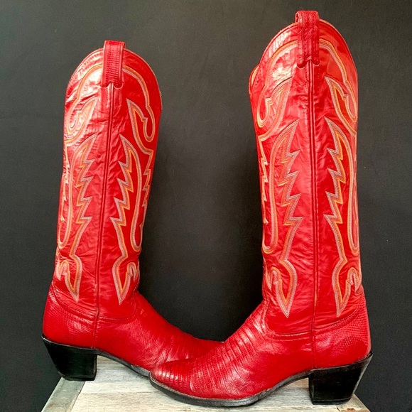 SOLD LARRY MAHAN Vintage Red Lizard Tall Knee High Cowgirl Cowboy Western Boots - Picture 2 of 11